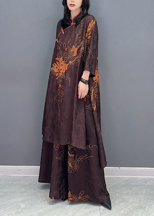 Brown Stand Collar Print Button Shirts and Wide Leg Pants Two Pieces Set Spring