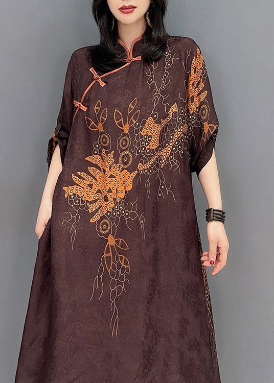 Brown Stand Collar Print Button Shirts and Wide Leg Pants Two Pieces Set Spring