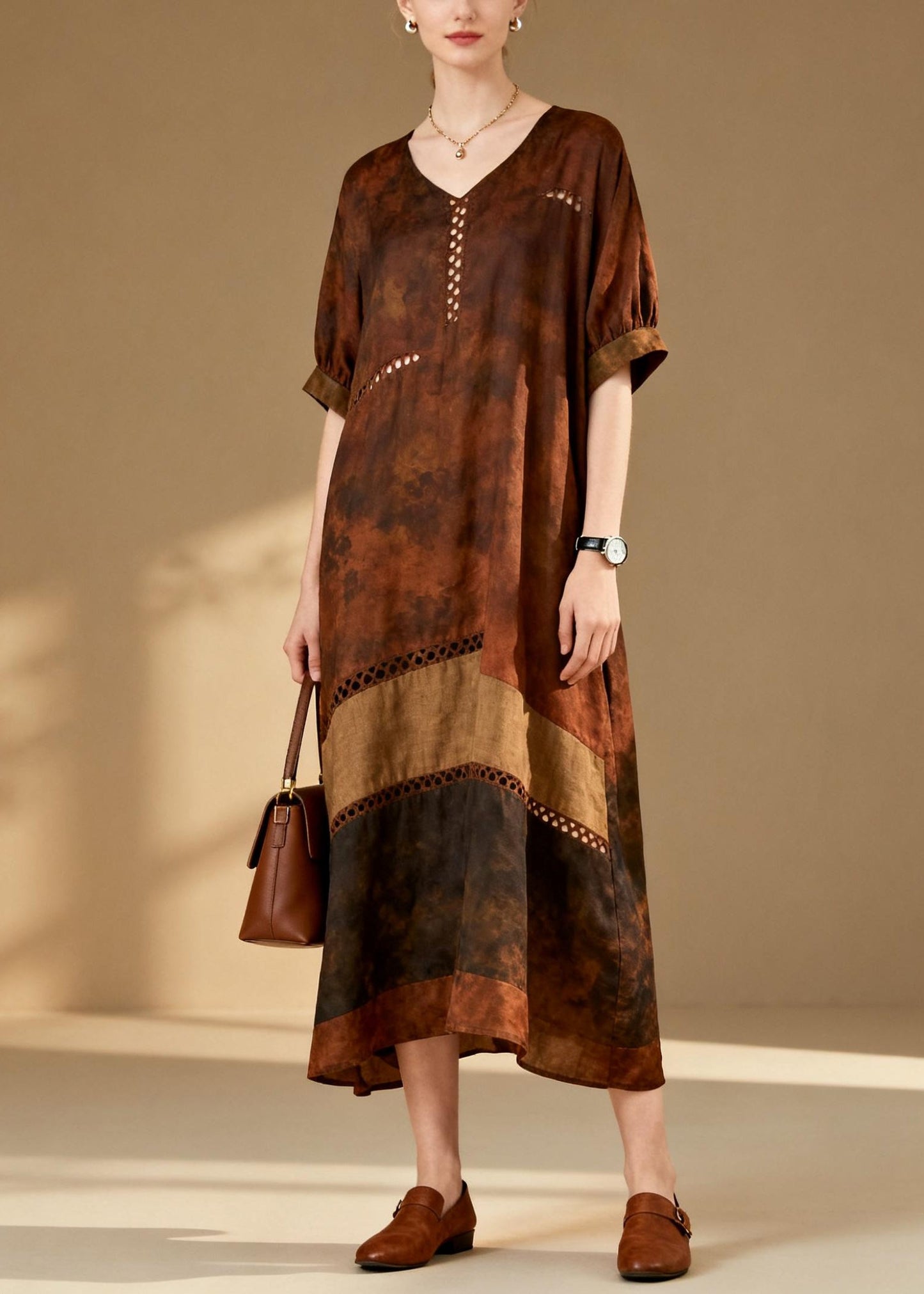 Brown Tie Dye Patchwork Hollow Out Cotton Dress Summer