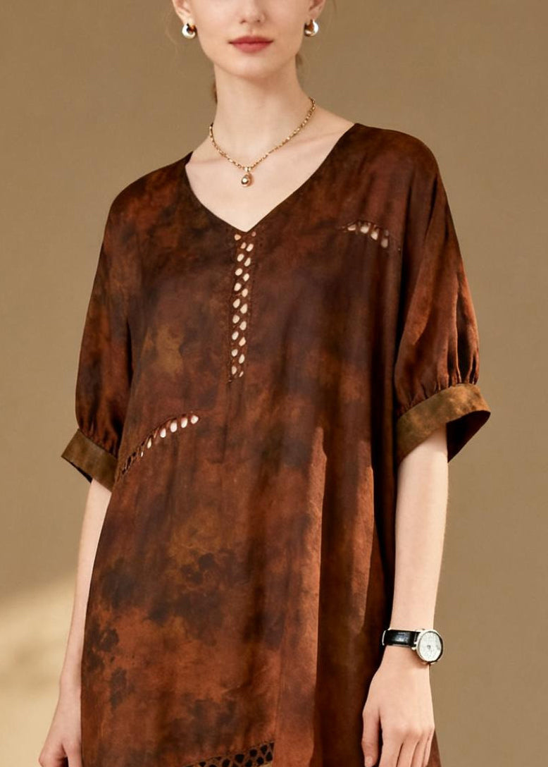 Brown Tie Dye Patchwork Hollow Out Cotton Dress Summer