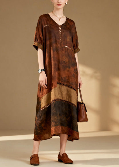 Brown Tie Dye Patchwork Hollow Out Cotton Dress Summer