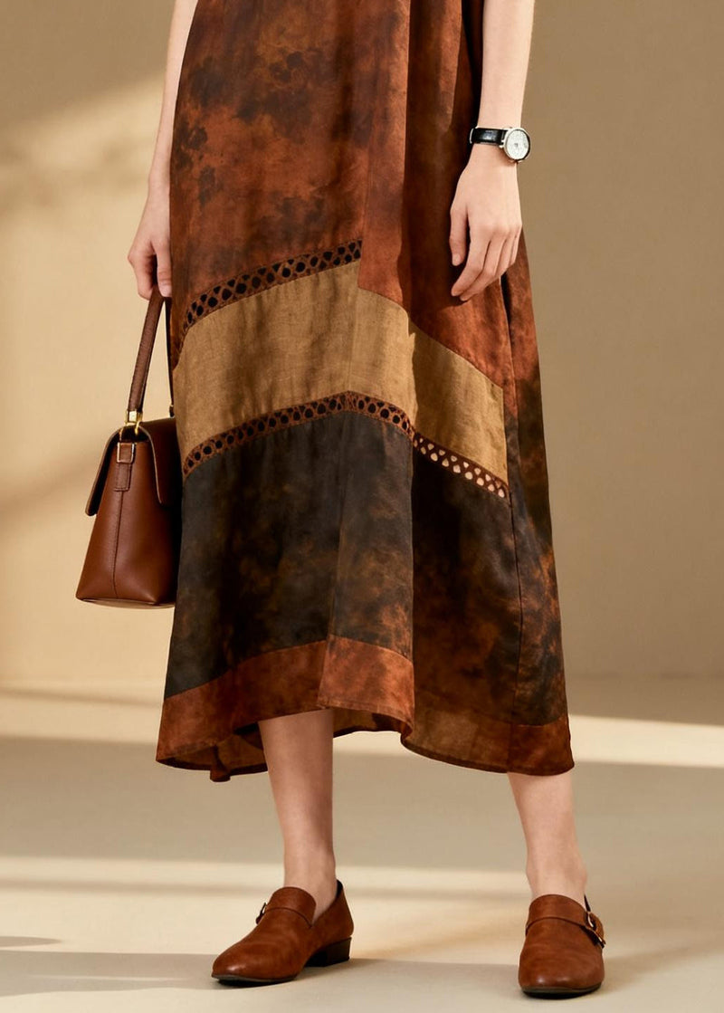 Brown Tie Dye Patchwork Hollow Out Cotton Dress Summer