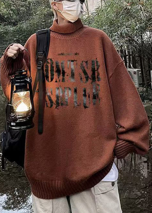 Brown Turtleneck Letter Knit Sweater Winter