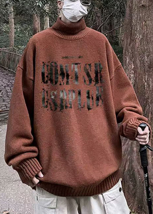 Brown Turtleneck Letter Knit Sweater Winter