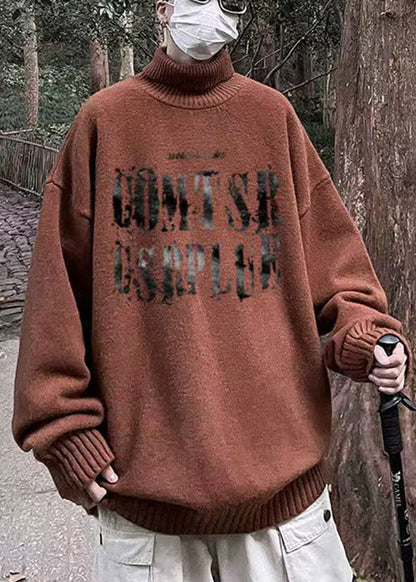 Brown Turtleneck Letter Knit Sweater Winter