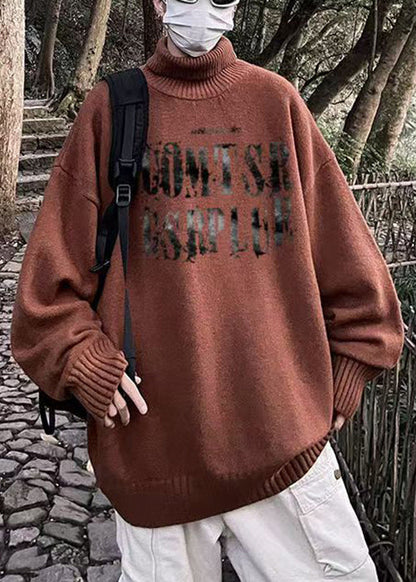 Brown Turtleneck Letter Knit Sweater Winter