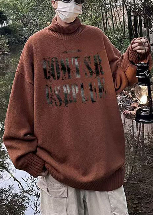 Brown Turtleneck Letter Knit Sweater Winter