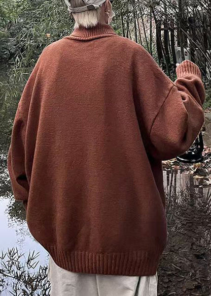 Brown Turtleneck Letter Knit Sweater Winter
