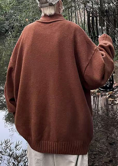 Brown Turtleneck Letter Knit Sweater Winter