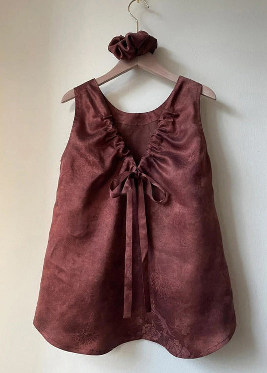 Brown V Neck Lace Up Cotton Tank Sleeveless