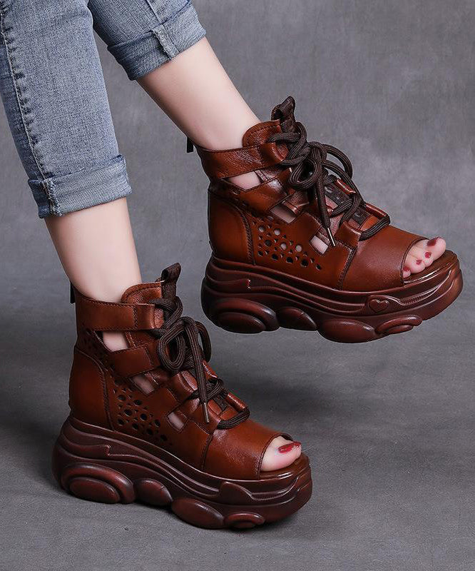 Brown Wedge Faux Leather Lace Up Sandals