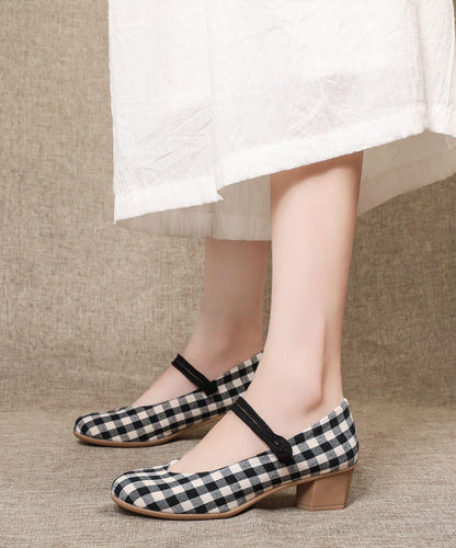 Buckle Strap Chunky High Heels Plaid Cotton Fabric