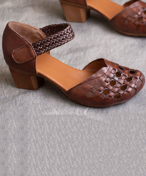 Buckle Strap Hollow Out Splicing Chunky Heel Brown Cowhide Leather