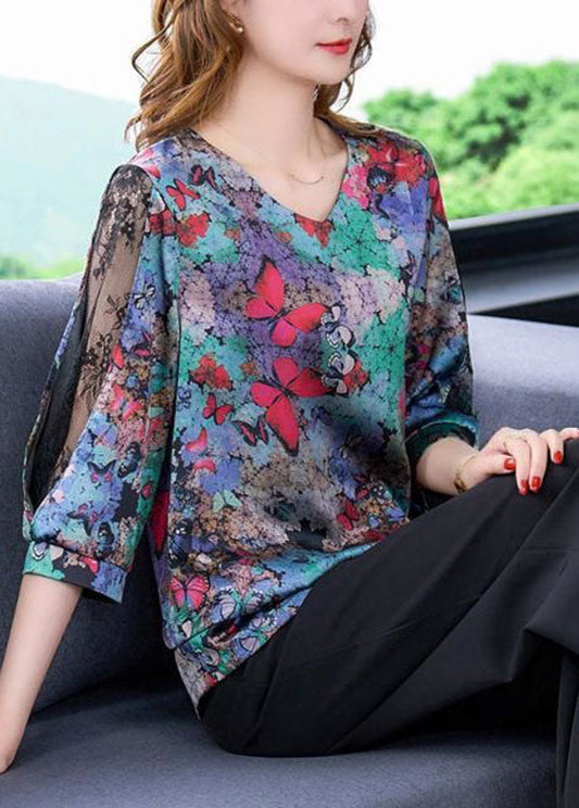 Butterfly Print V Neck Lace Patchwork Silk Tops Spring
