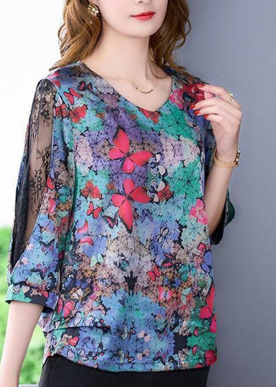 Butterfly Print V Neck Lace Patchwork Silk Tops Spring