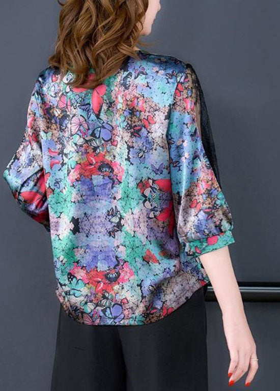 Butterfly Print V Neck Lace Patchwork Silk Tops Spring