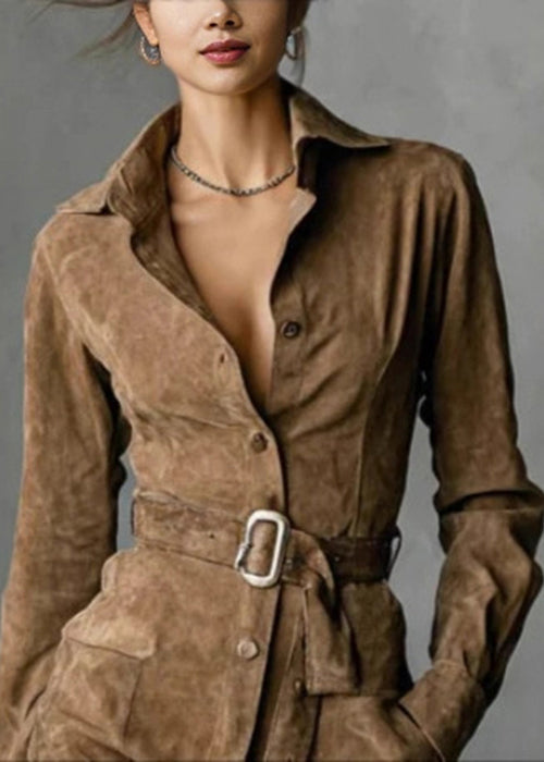 Camel Button Pockets Sashes Faux Suede Shirts Dresses Spring