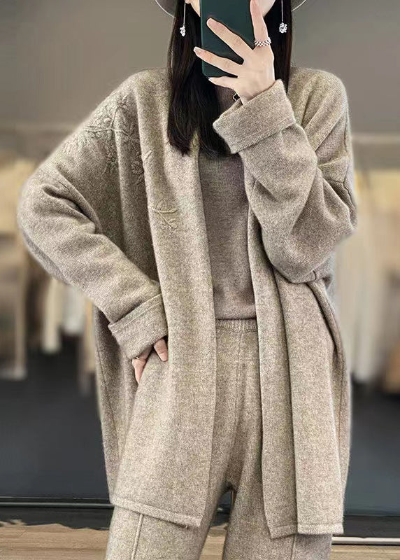 Camel Embroidered Patchwork Cozy Cashmere Cardigan Fall