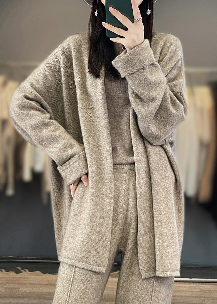 Camel Embroidered Patchwork Cozy Cashmere Cardigan Fall