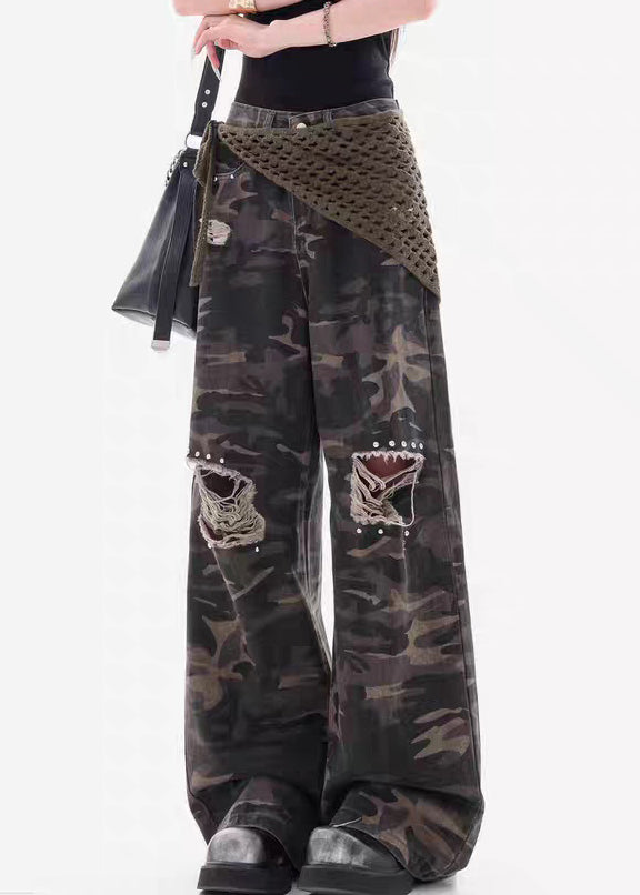 Camouflage Hole Pockets Patchwork Denim Pants Fall