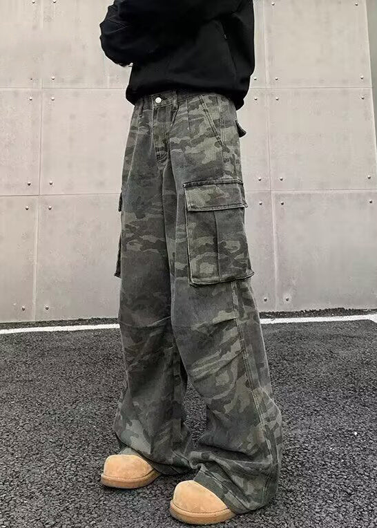 Camouflage Pockets High Waist Cotton Pants Spring
