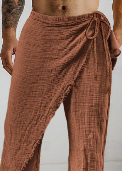 Caramel Asymmetrical Lace Up Cotton Pants Summer