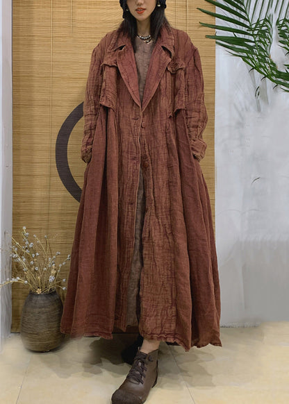 Caramel Notched Button Linen Trench Coat Spring