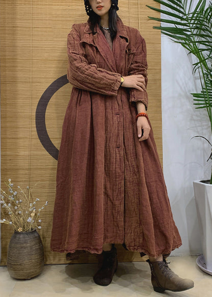 Caramel Notched Button Linen Trench Coat Spring