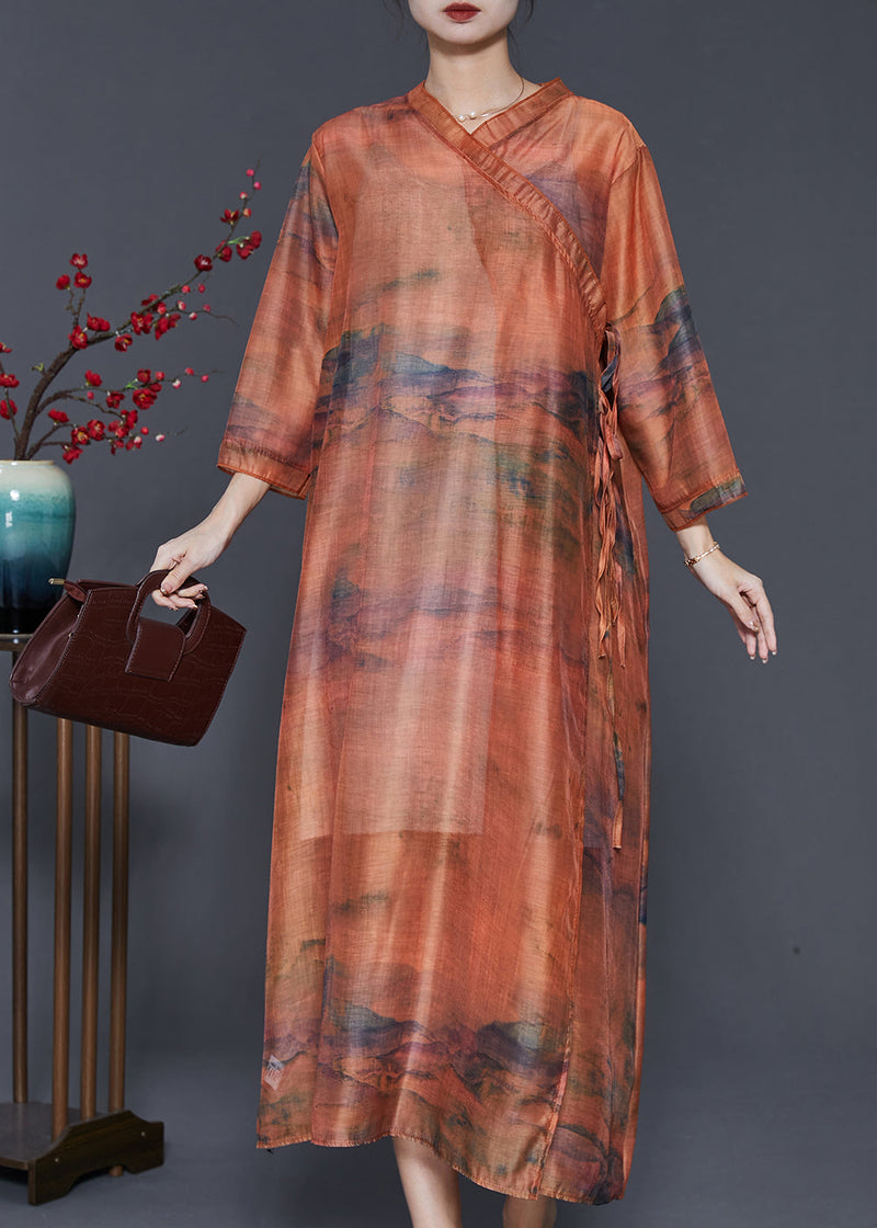 Caramel Oversized Print Linen Robe Dresses Summer