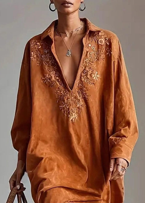 Caramel Peter Pan Collar Embroidered Faux Suede Shirts Dress Spring