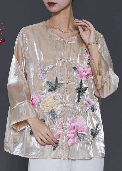 Champagne Embroidered Linen Silk Shirt Spring