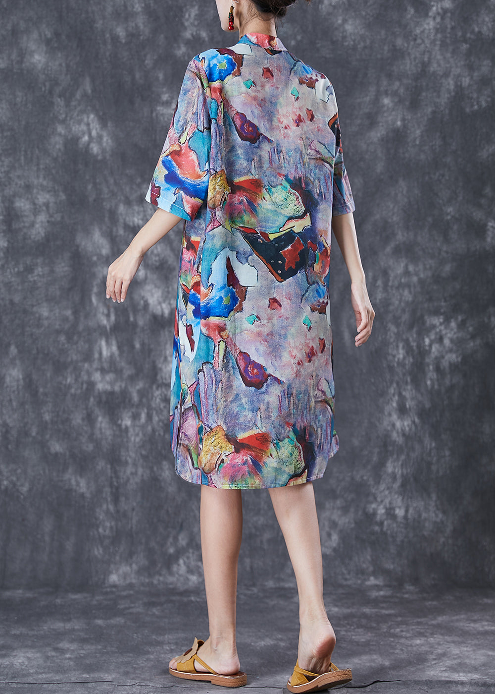 Character Print Chinese Button Linen Cheongsam Dresses Summer