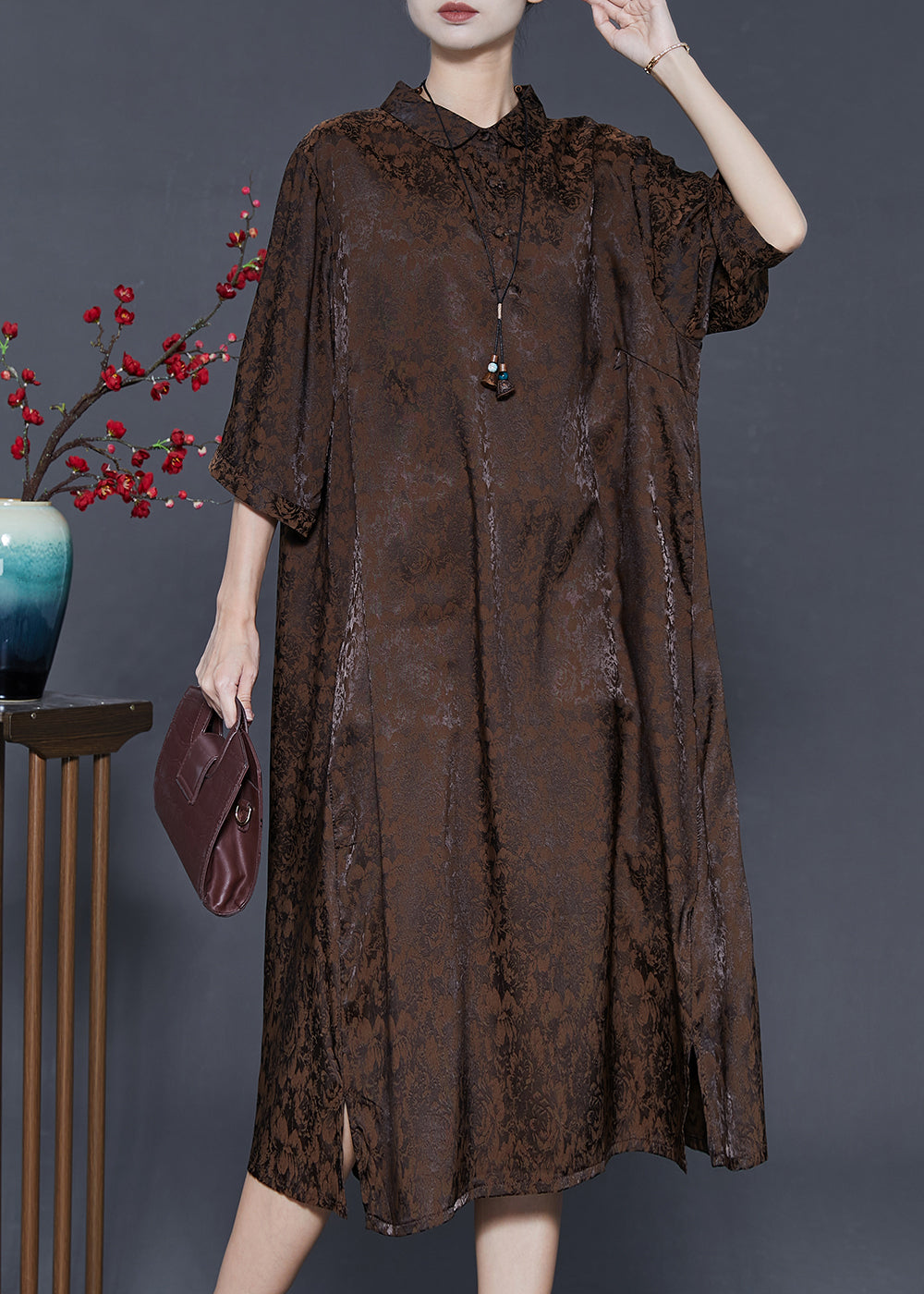 Chocolate Jacquard Silk Maxi Dresses Bracelet Sleeve
