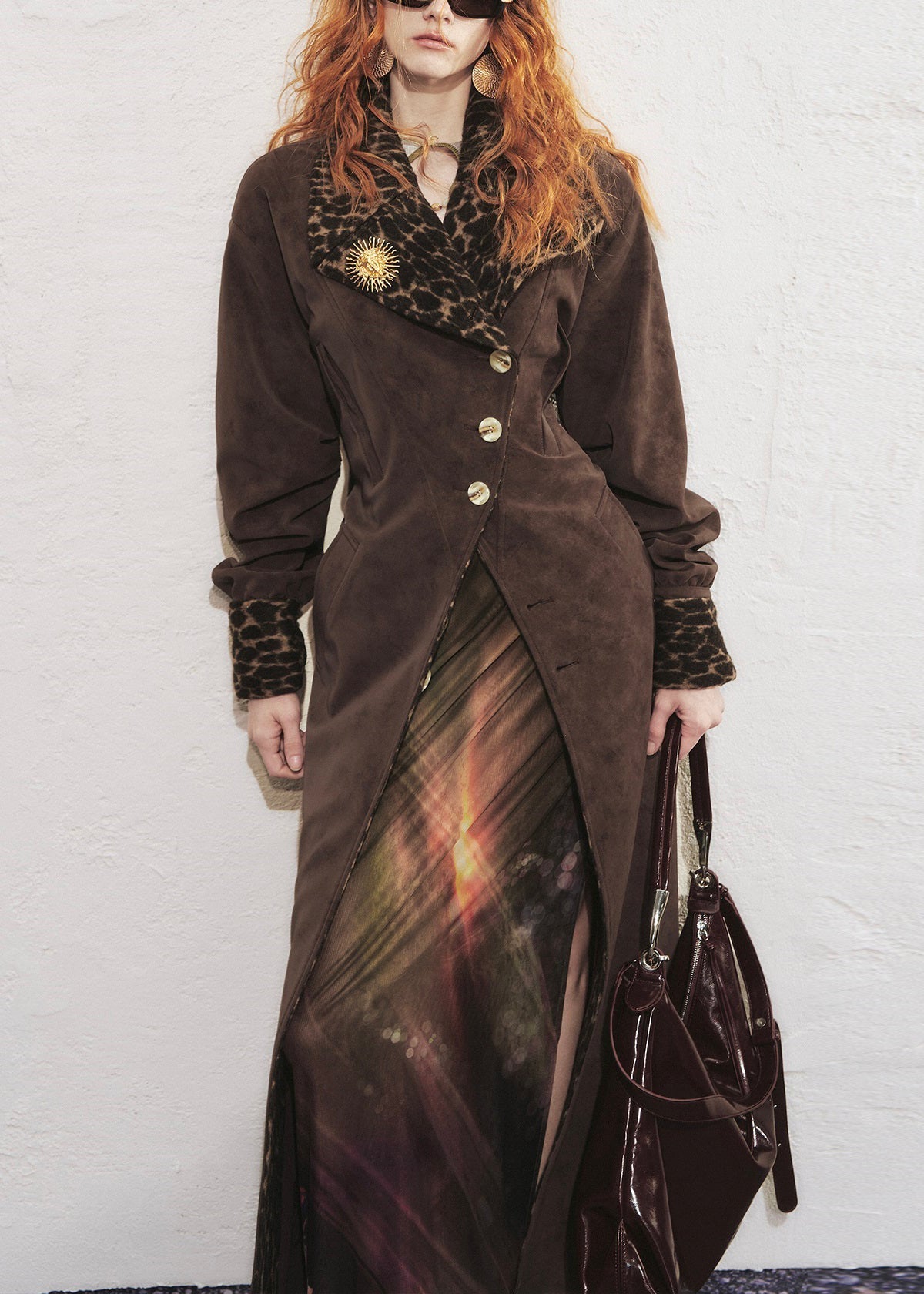 Chocolate Leopard Tie Waist Faux Suede Long?trench?coat Winter