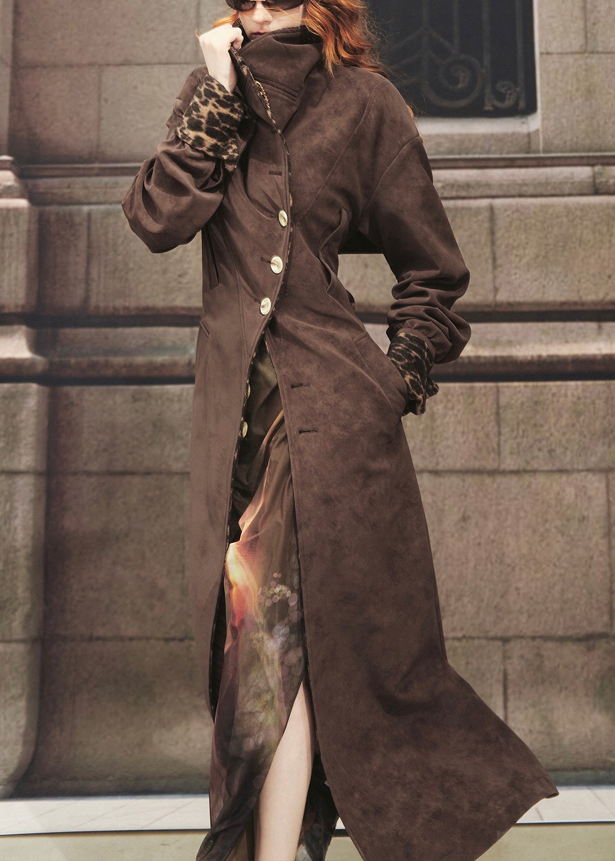 Chocolate Leopard Tie Waist Faux Suede Long?trench?coat Winter