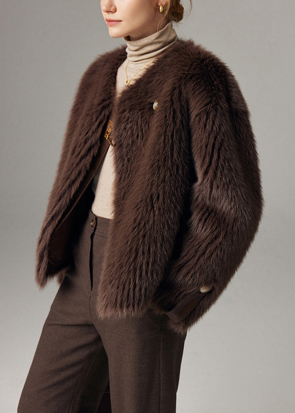 Chocolate O Neck Button Leather and Fur Coats Winter