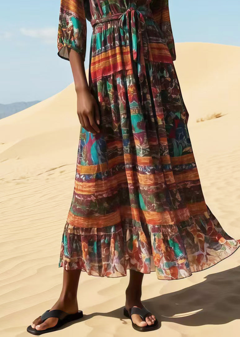 Chocolate Tie Waist Print Chiffon Dress Bracelet Sleeve