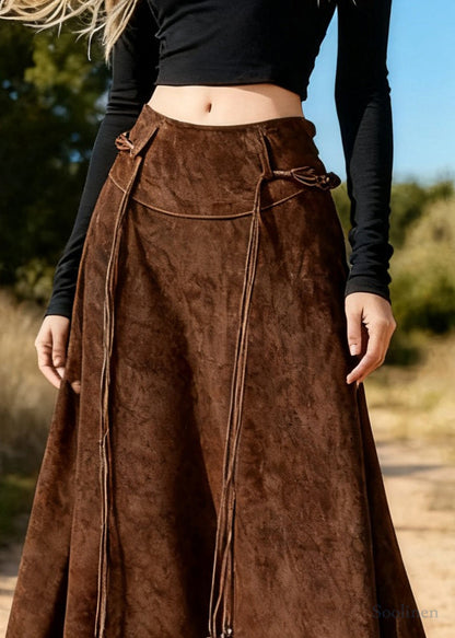 Coffee Asymmetrical Lace Up High Waist Faux Suede Skirts Spring