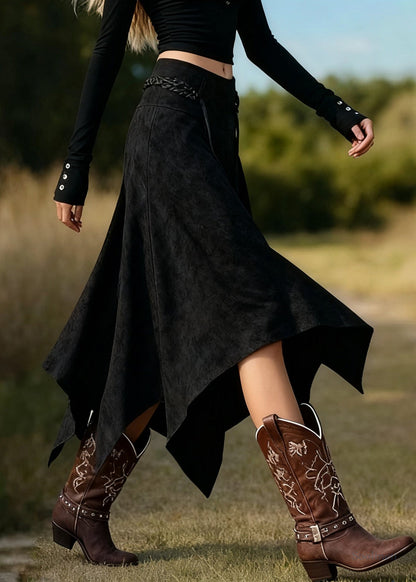 Coffee Asymmetrical Lace Up High Waist Faux Suede Skirts Spring