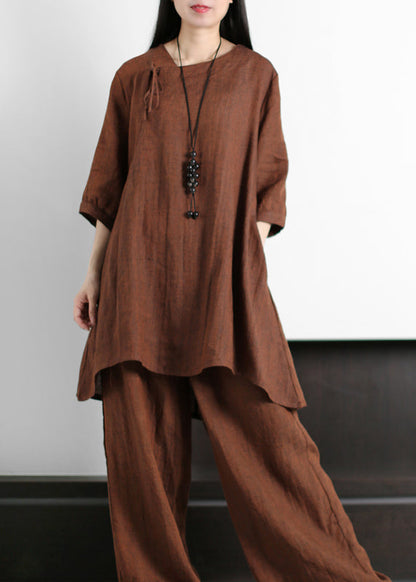 Chocolate Asymmetrical Linen Tops and Wide Leg Pants Half Sleeve
