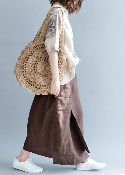 Chocolate Asymmetrical Side Open Linen Skirts Fall