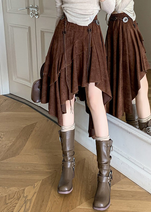 Coffee Asymmetrical Wrinkled Faux Suede Skirt Spring