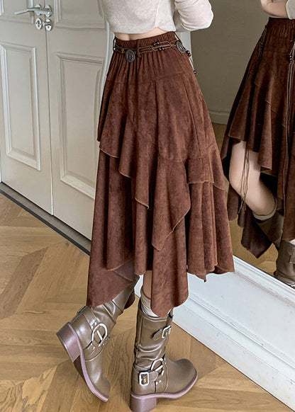 Coffee Asymmetrical Wrinkled Faux Suede Skirt Spring