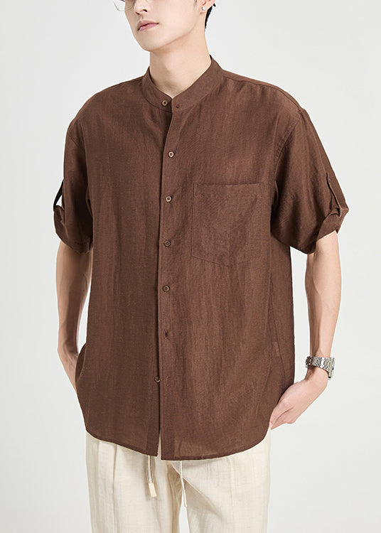 Coffee Button Pockets Cotton Shirt Summer
