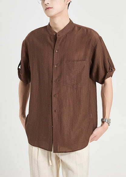 Coffee Button Pockets Cotton Shirt Summer