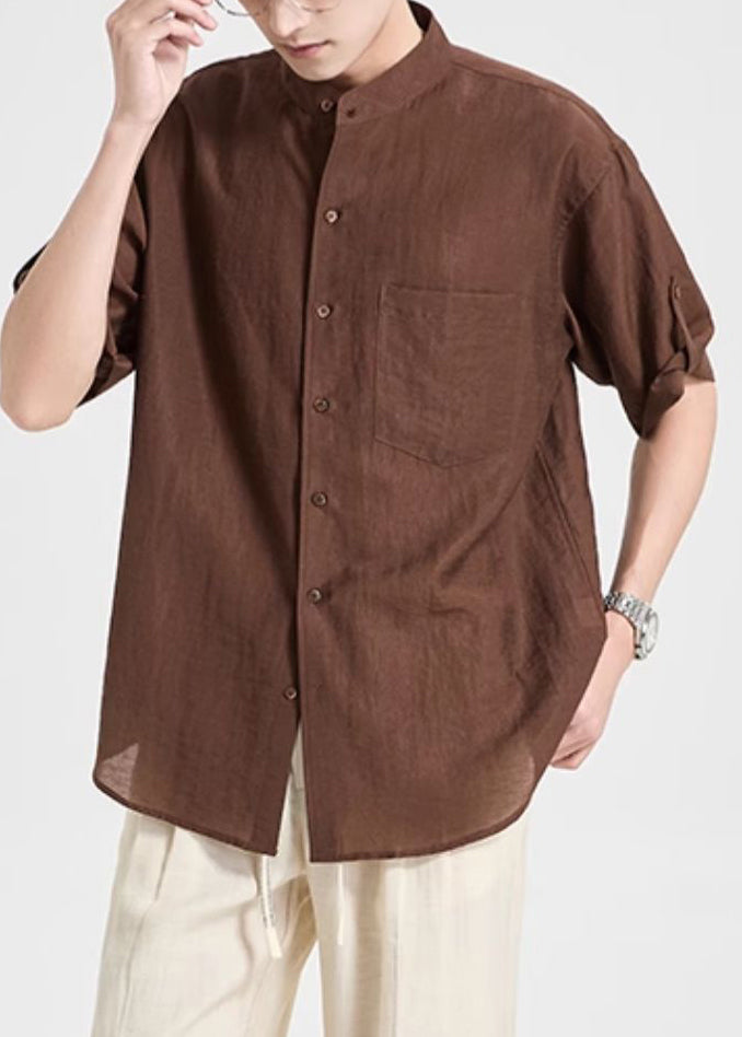 Coffee Button Pockets Cotton Shirt Summer