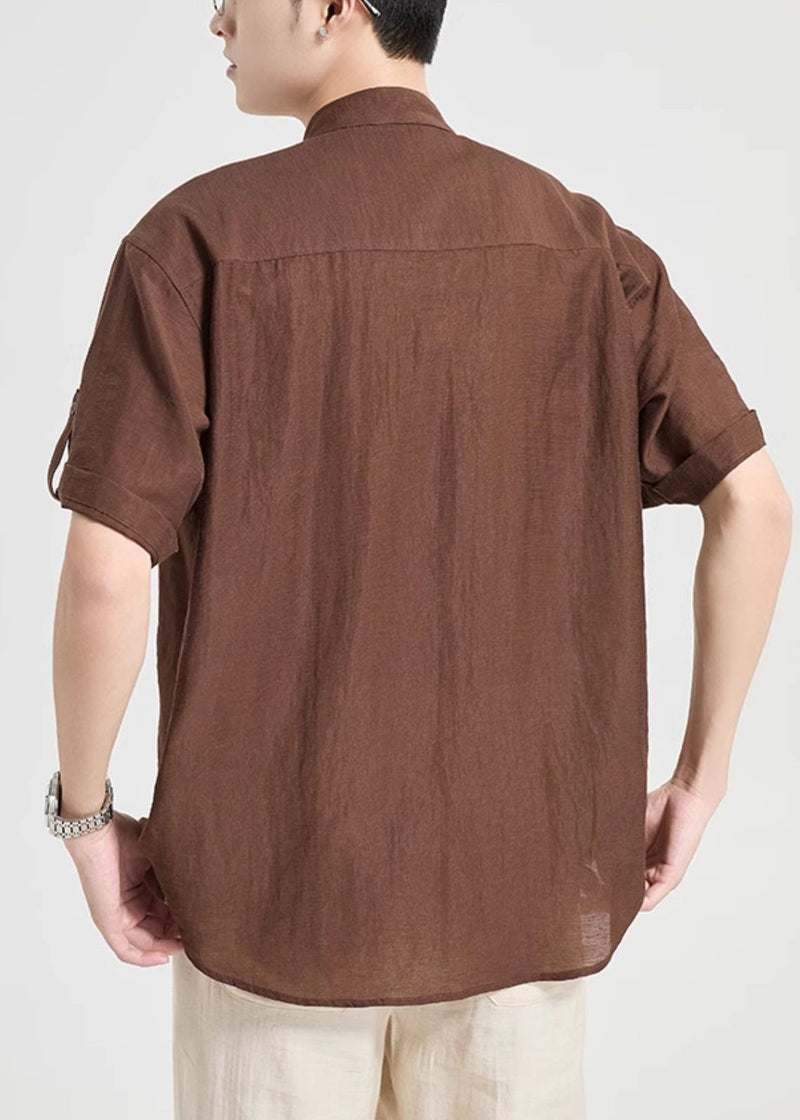 Coffee Button Pockets Cotton Shirt Summer