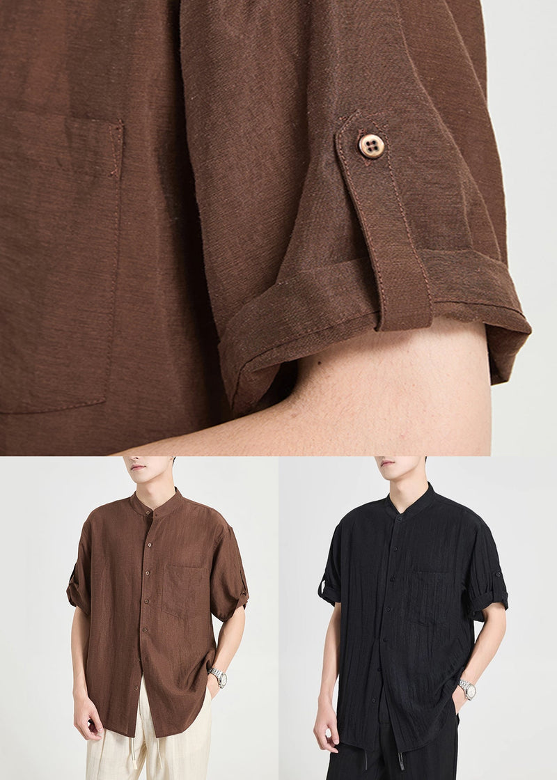 Coffee Button Pockets Cotton Shirt Summer