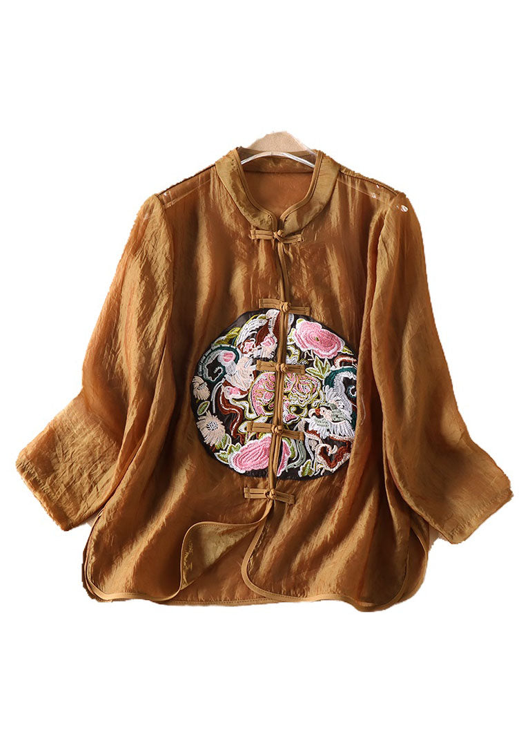 Coffee Chinese Button Embroideried Tulle Blouses Long Sleeve