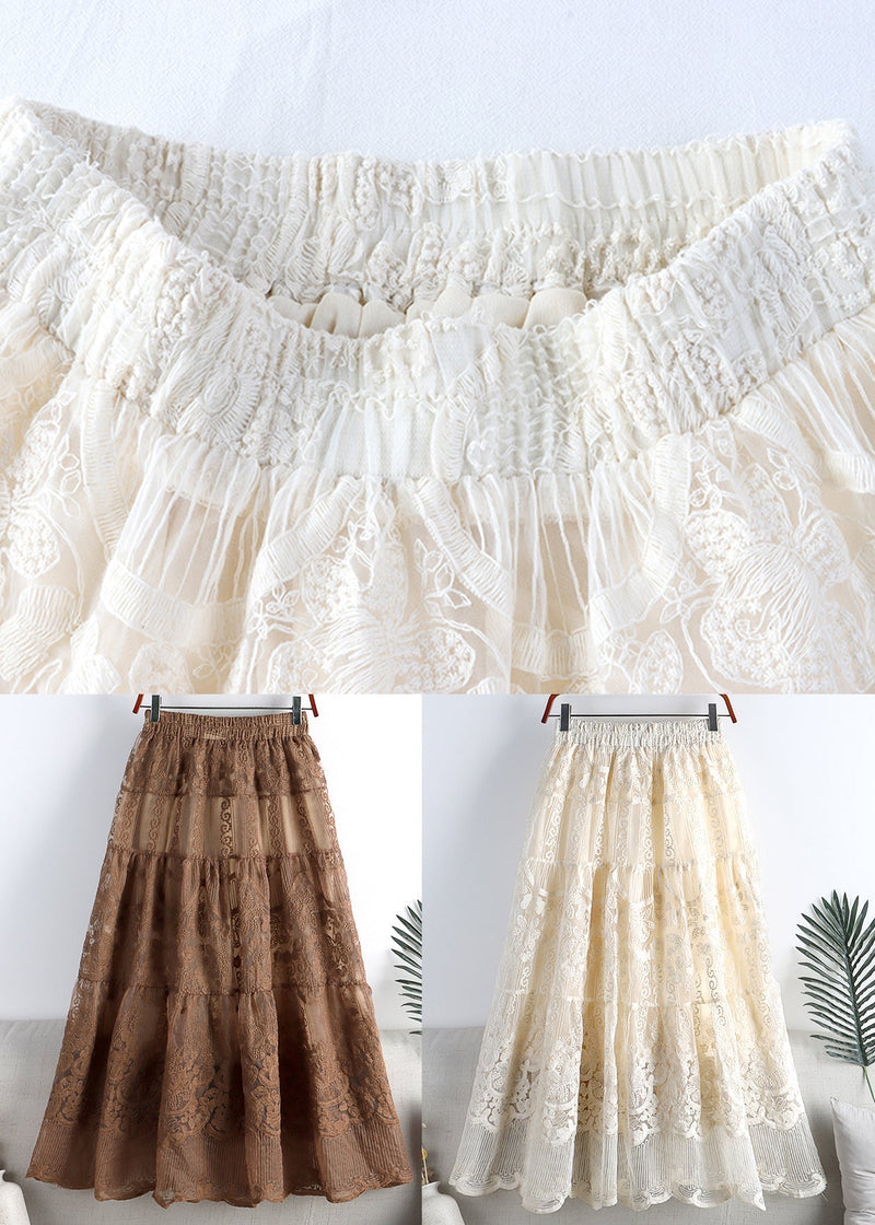 Chocolate Colour Embroideried High Waist Tulle a Line Skirt Fall